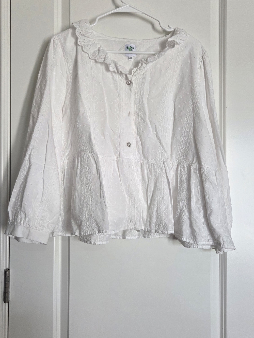 Shiny By Nature Eyelet Ruffle Peplum Blouse - White